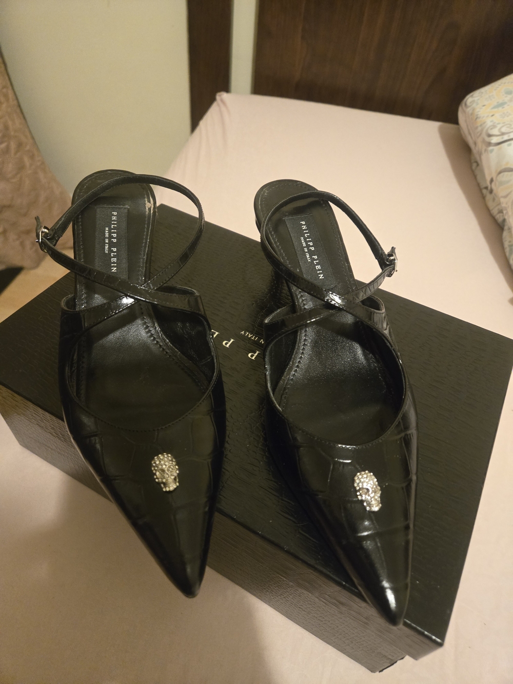 Philip Plein Black Patent Pointed Toe Slingback Pumps